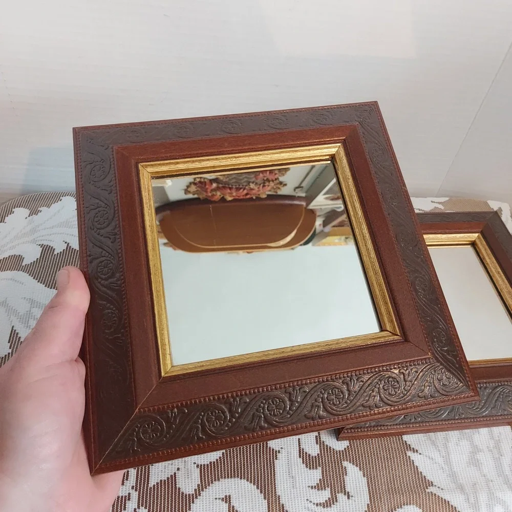 Home Interiors & Gifts Vintage Square Wall Mirrors Brown Gold Scroll Set of 2